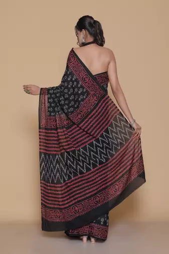 Kalamkari printed  cotton ethnic black saree for woman
