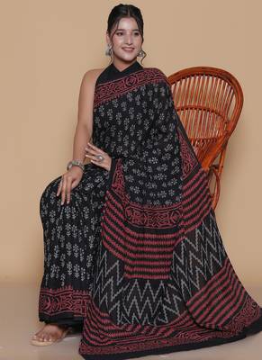 Kalamkari printed  cotton ethnic black saree for woman 4