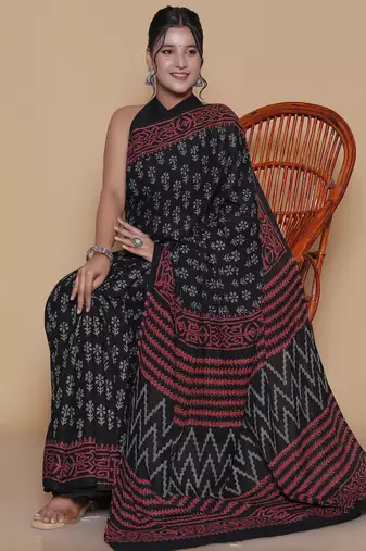 Kalamkari printed  cotton ethnic black saree for woman