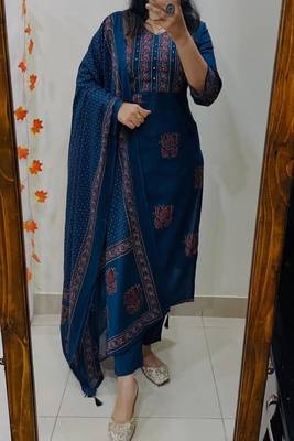 Floral embroidered  cotton v neck blue kurta trouser & dupatta set 1