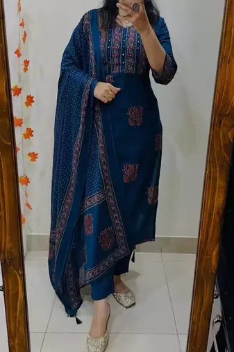 Floral embroidered pure cotton v neck blue kurta trouser & dupatta set