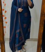 Floral embroidered pure cotton v neck blue kurta trouser & dupatta set
