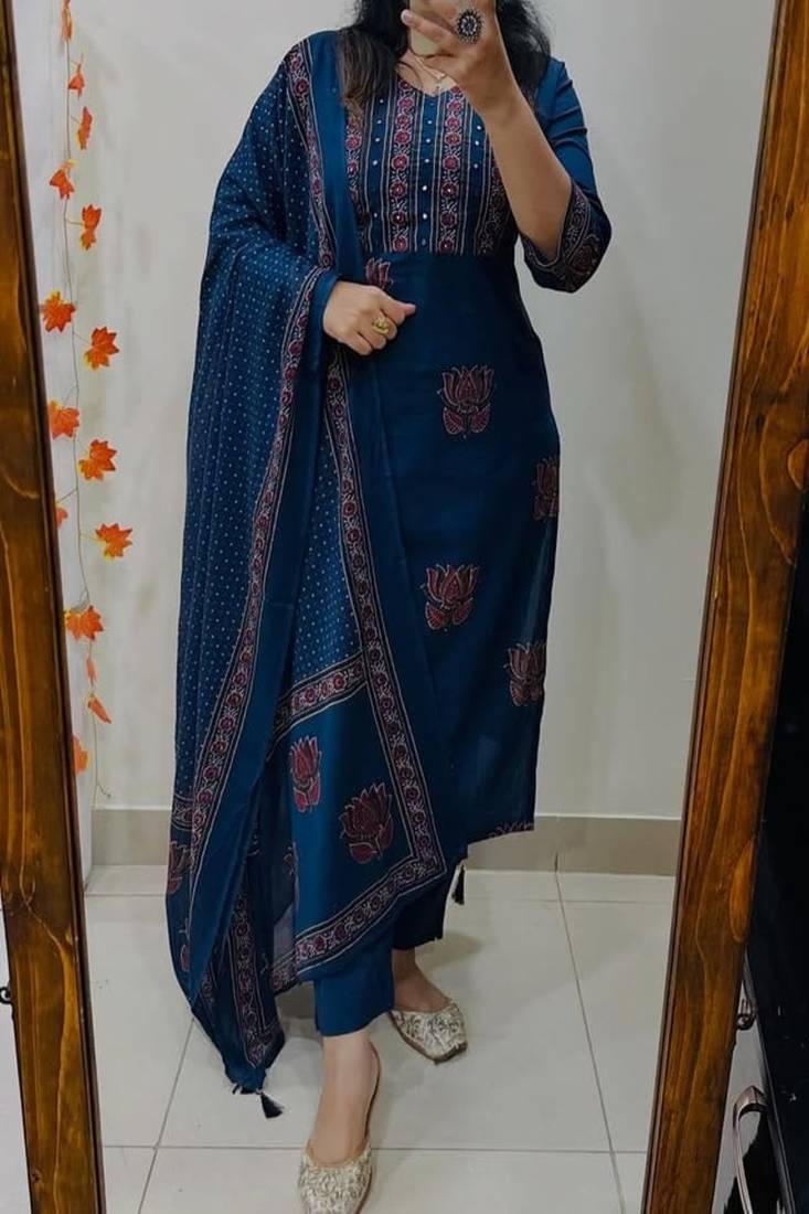 Floral embroidered pure cotton v neck blue kurta trouser & dupatta set