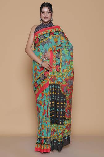 Kalamkari printed pure cotton ethnic blue saree for woman