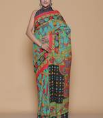 Kalamkari printed  cotton ethnic blue saree for woman