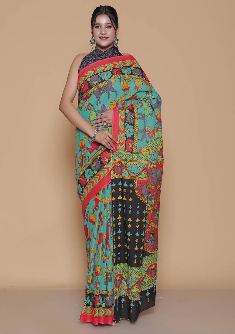 Kalamkari printed pure cotton ethnic blue saree for woman