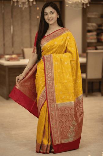 Banarasi puresilk chiniya saree in mustard colour with  floral zari work
