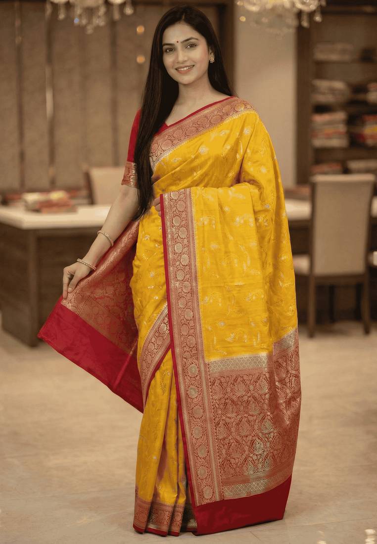 Banarasi puresilk chiniya saree in mustard colour with  floral zari work