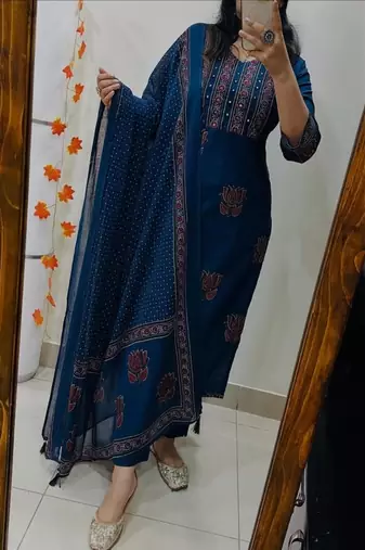 Floral embroidered  cotton v neck blue kurta trouser & dupatta set