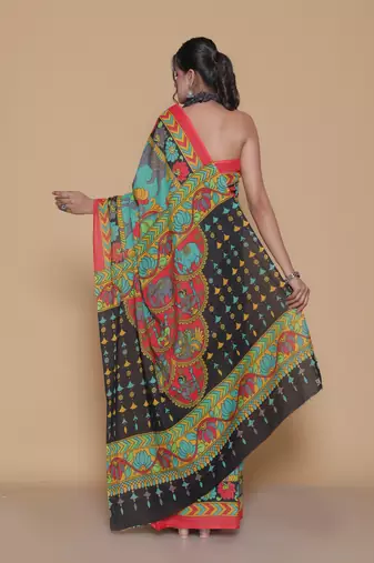 Kalamkari printed  cotton ethnic blue saree for woman