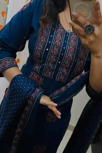 Floral embroidered  cotton v neck blue kurta trouser & dupatta set