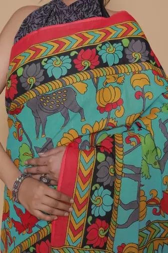 Kalamkari printed  cotton ethnic blue saree for woman