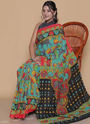 Kalamkari printed  cotton ethnic blue saree for woman 4