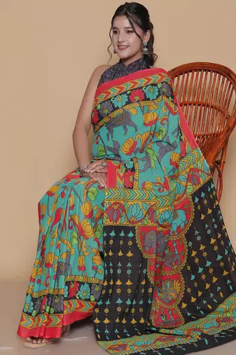 Kalamkari printed  cotton ethnic blue saree for woman