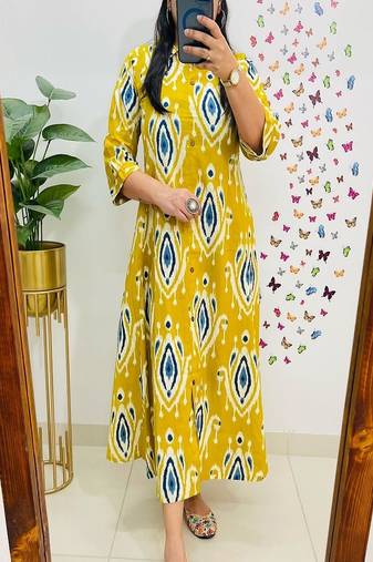 Floral embroidered pure cotton collar neck yellow kurta & trouser set