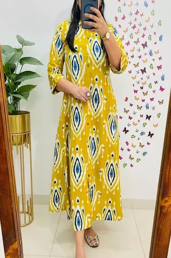 Floral embroidered pure cotton collar neck yellow kurta & trouser set