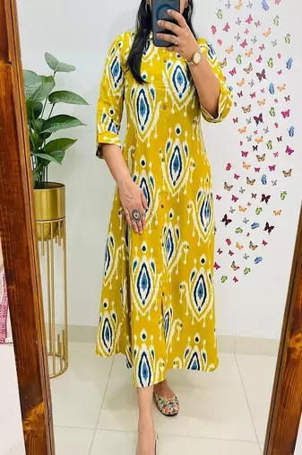 Floral embroidered  cotton collar neck yellow kurta & trouser set