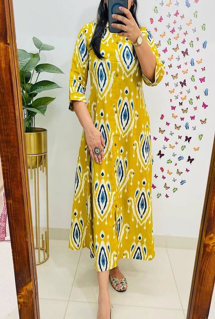 Floral embroidered pure cotton collar neck yellow kurta & trouser set