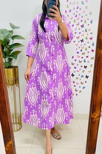 Floral printed pure cotton collar neck blue kurta & trouser set