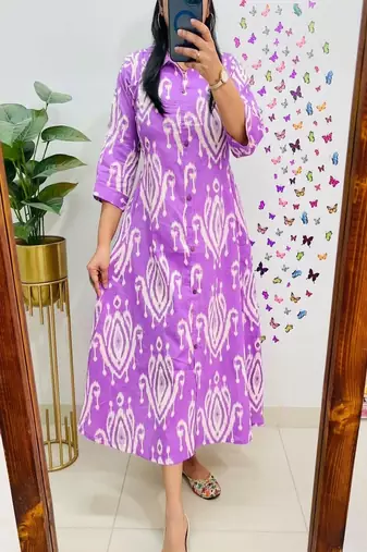 Floral printed pure cotton collar neck blue kurta & trouser set