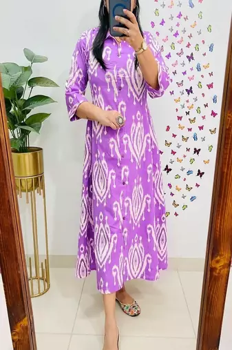 Floral printed  cotton collar neck blue kurta & trouser set