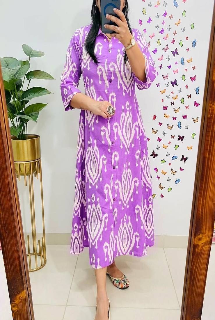 Floral printed pure cotton collar neck blue kurta & trouser set