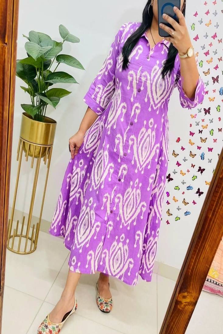 Floral printed pure cotton collar neck blue kurta & trouser set