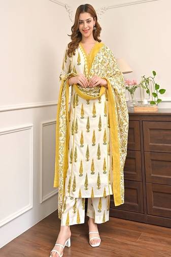 Floral printed pure cotton v neck yellow kurta trouser & dupatta set