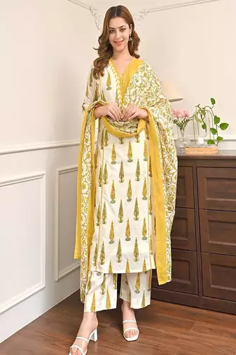 Floral printed pure cotton v neck yellow kurta trouser & dupatta set