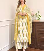 Floral printed pure cotton v neck yellow kurta trouser & dupatta set