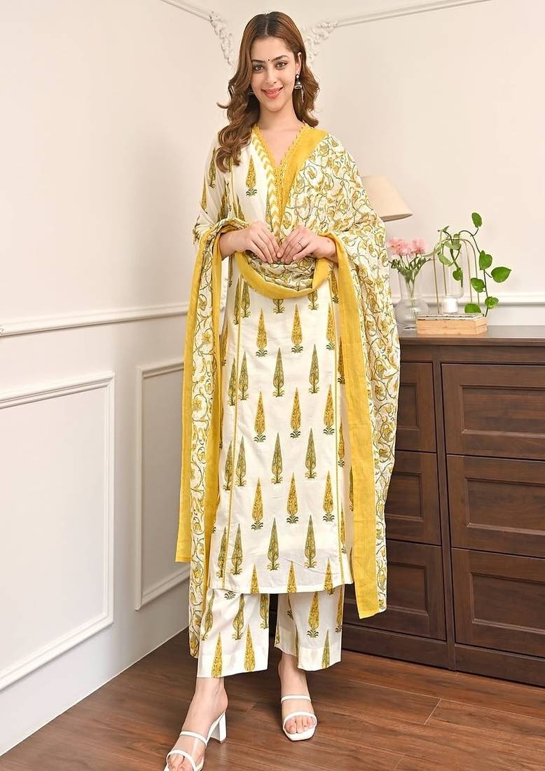 Floral printed pure cotton v neck yellow kurta trouser & dupatta set