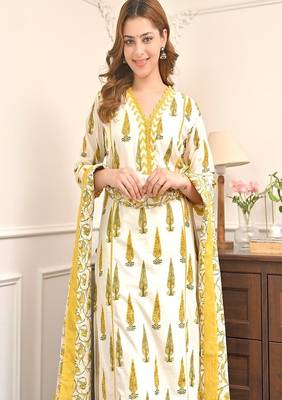 Floral printed cotton v neck yellow kurta trouser & dupatta set 2