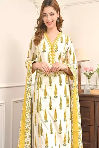 Floral printed  cotton v neck yellow kurta trouser & dupatta set