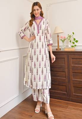 Floral printed cotton v neck blue kurta trouser & dupatta set 1