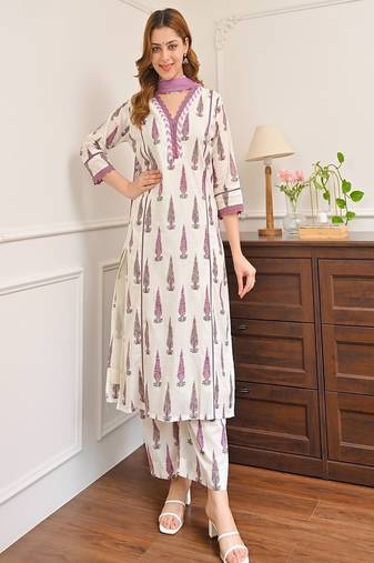 Floral printed pure cotton v neck blue kurta trouser & dupatta set