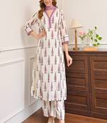 Floral printed pure cotton v neck blue kurta trouser & dupatta set