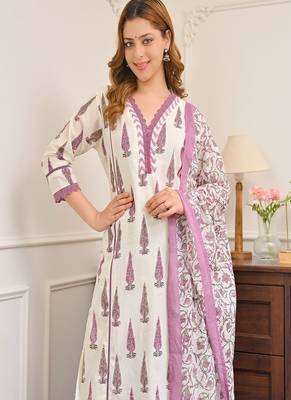 Floral printed cotton v neck blue kurta trouser & dupatta set 2