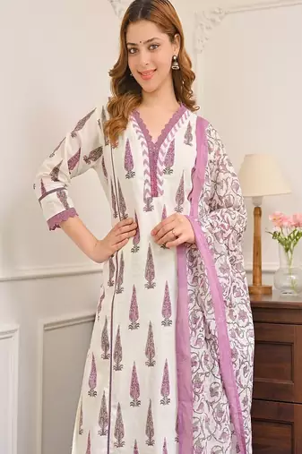 Floral printed  cotton v neck blue kurta trouser & dupatta set