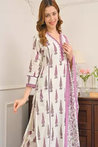 Floral printed  cotton v neck blue kurta trouser & dupatta set