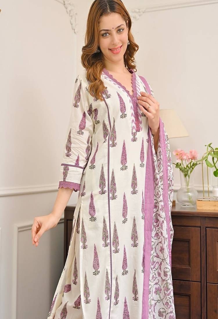 Floral printed pure cotton v neck blue kurta trouser & dupatta set