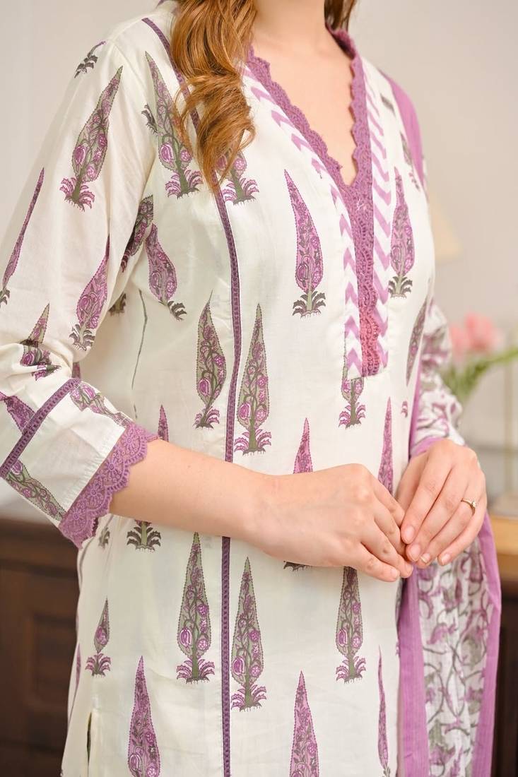 Floral printed pure cotton v neck blue kurta trouser & dupatta set