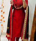 Floral embroidered pure cotton v neck red kurta trouser & dupatta set