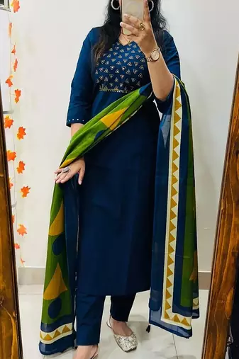 Floral embroidered pure cotton v neck blue kurta trouser & dupatta set