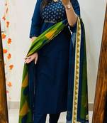 Floral embroidered pure cotton v neck blue kurta trouser & dupatta set