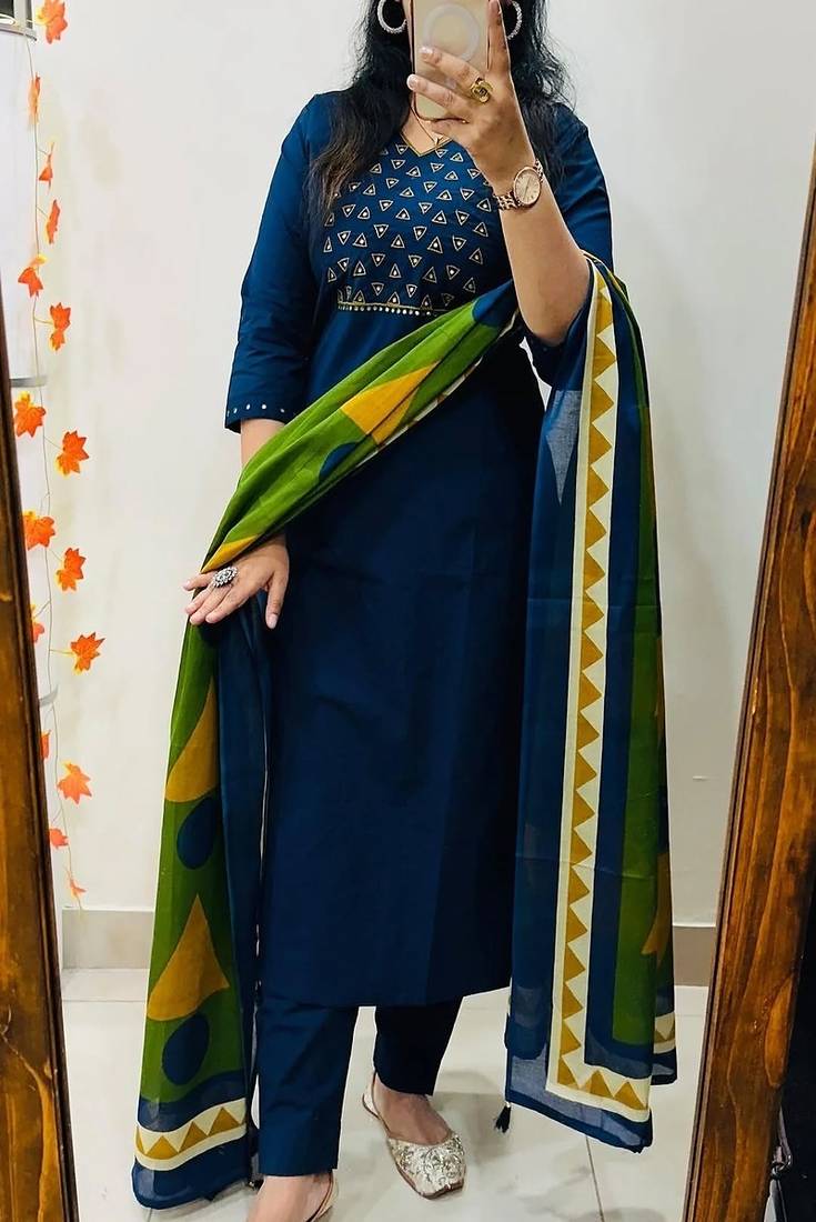 Floral embroidered pure cotton v neck blue kurta trouser & dupatta set