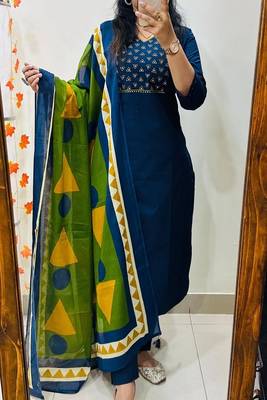 Floral embroidered  cotton v neck blue kurta trouser & dupatta set 2