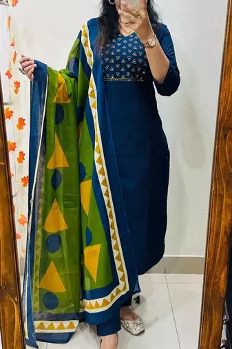 Floral embroidered pure cotton v neck blue kurta trouser & dupatta set