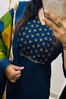 Floral embroidered  cotton v neck blue kurta trouser & dupatta set 3