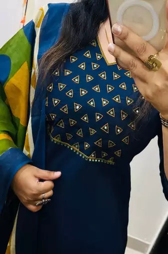 Floral embroidered pure cotton v neck blue kurta trouser & dupatta set