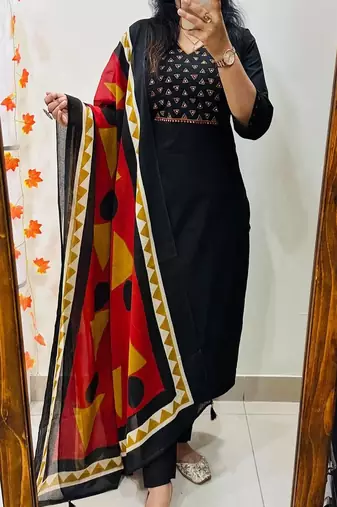 Floral embroidered pure cotton v neck black kurta trouser & dupatta set